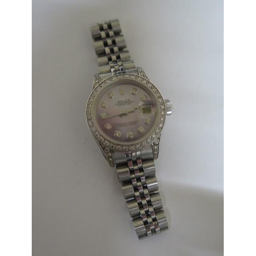 219 - A ladies stainless steel Rolex Oyster Perpetual datejust bracelet wristwatch with after market diamo... 