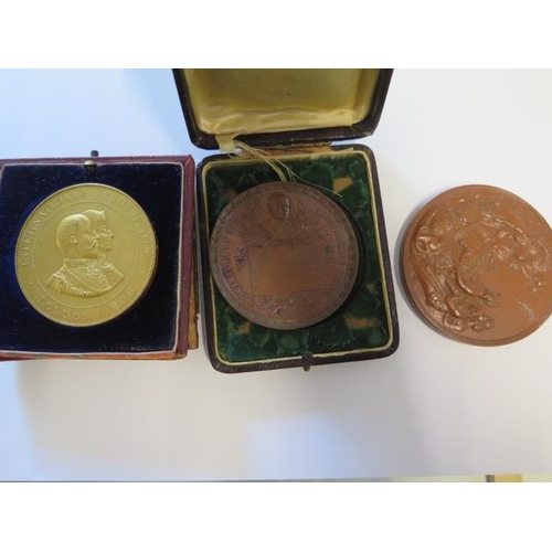 240 - A gilt bronze London 1908 International Exhibition medal, an 1890 Penny Postage Jubilee Medallion - ... 