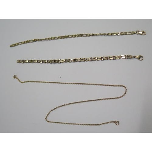 25 - Two 9ct yellow gold bracelets 18cm and 20cm long and a 9ct chain 42cm long - total weight approx 12.... 