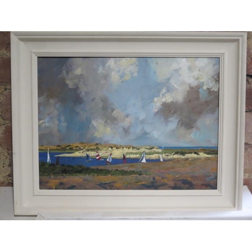 381 - John Rohda - Local Artist - Oil on Canvas Sailboats, Norfolk Coast - frame size 39cmx 50cm