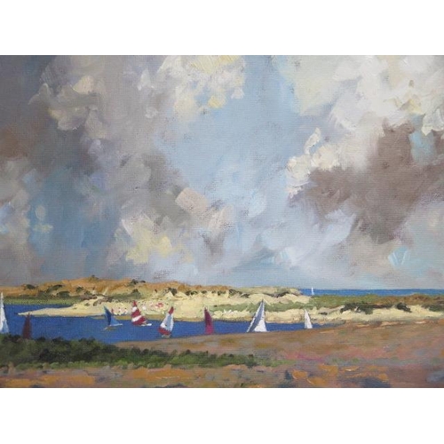 381 - John Rohda - Local Artist - Oil on Canvas Sailboats, Norfolk Coast - frame size 39cmx 50cm