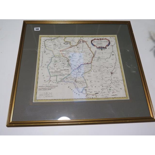 386 - A Robert Morden coloured map of Huntingdonshire in a gilt frame, frame size 57cm x 61cm