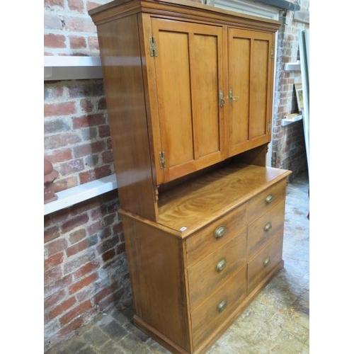 547 - A six drawer satin Kitchen dresser with cup handles with a pine fronted two door cupboard top - Heig... 