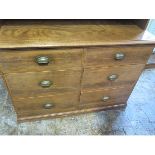 547 - A six drawer satin Kitchen dresser with cup handles with a pine fronted two door cupboard top - Heig... 