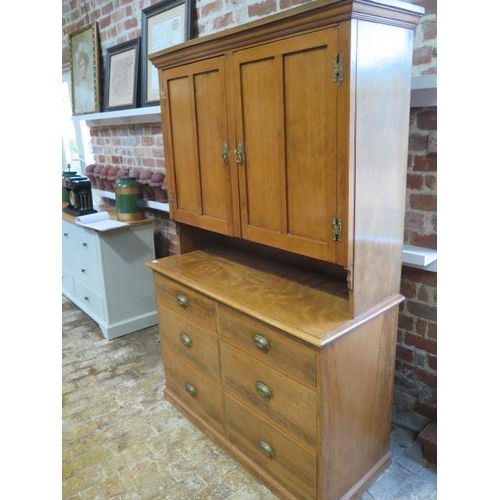 547 - A six drawer satin Kitchen dresser with cup handles with a pine fronted two door cupboard top - Heig... 