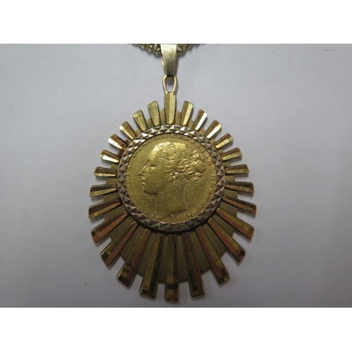 67 - A Victoria bun head Sovereign dated 1873 in a 9ct mount on a 60cm 9ct chain - total weight approx 25... 