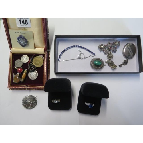 148 - Two silver dress rings and a selection of silver and costume jewellery, coins, tokens etc.