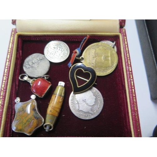 148 - Two silver dress rings and a selection of silver and costume jewellery, coins, tokens etc.