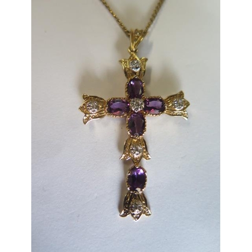 2 - A yellow gold amethyst and diamond crucifix - length 5cm - on a 9ct yellow gold 46cm chain approx we... 
