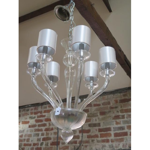 451 - A glass six branch chandelier with grey shades - Height 60cm - plus chain - in good condition, inter... 