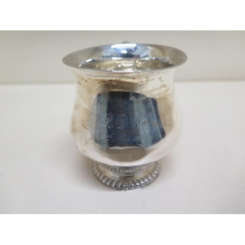 124 - An engraved silver goblet - Height 8.5cm, approx weight 5.3 troy oz - slight misshaped top/dents