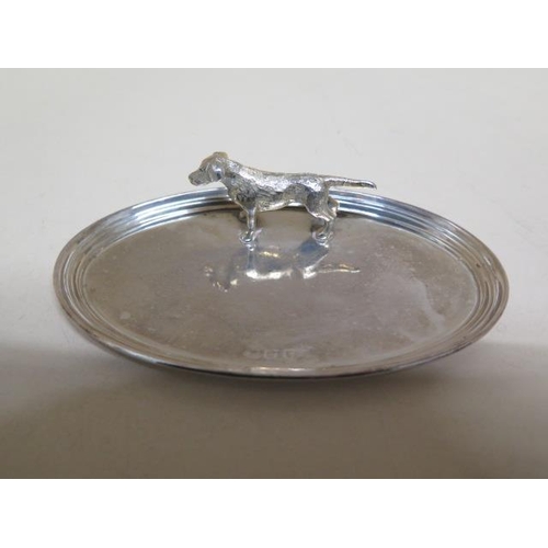 126 - A silver dog pin dish - hallmarks rubbed - 13cm wide, approx weight 2.7 troy oz