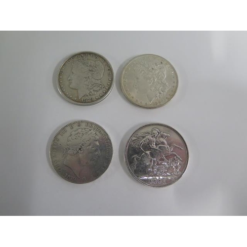 254 - Two silver Morgan Dollars 1878 and 1884, a George III silver Crown 1819 and a Victorian silver Crown... 