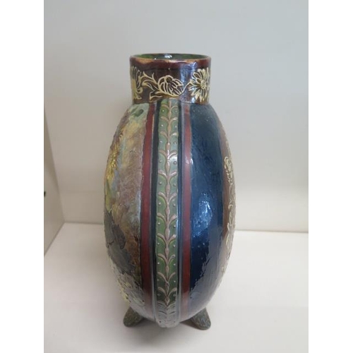 273 - A floral decorated hand painted moon shaped vase 35cm tall x 31 cm wide, overall crazing, some flaki... 