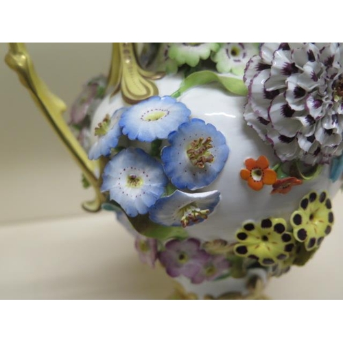 281 - A 19th century floral encrusted lidded twin handle vase - Height 35cm - some losses and repairs