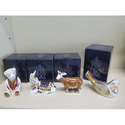 307 - Four boxed Royal Crown Derby paperweights, Debonair Bear, Donkey, Nanny Goat and Turtle Dove, all go... 