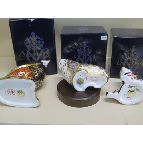 309 - Three boxed Royal Crown Derby paperweights, Russian Walrus with stand, Honey Bear and Bald Eagle, al... 