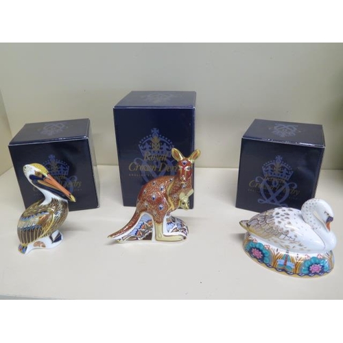 314 - Three boxed Royal Crown Derby paperweights, Brown Pelican, Kangeroo and Swan, all good