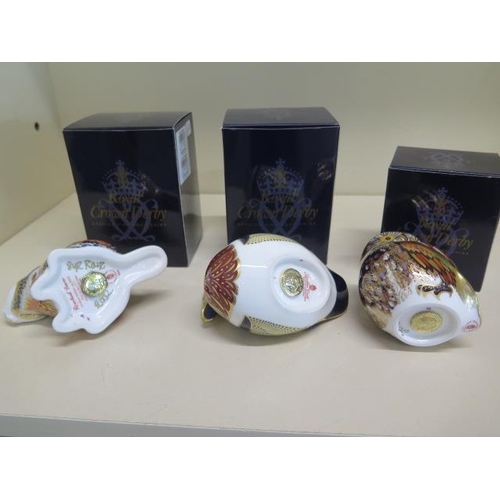 319 - Three boxed Royal Crown Derby paperweights, Little Owl, Carolina duck, and Riverbank Beaver, all goo... 