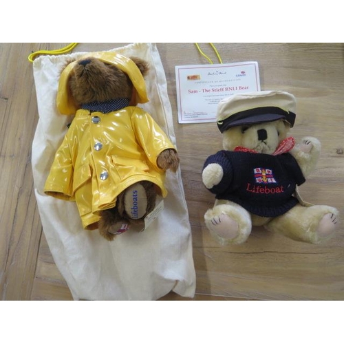 331 - Two Stieff teddy bears, Sam RNLI and Lifeboat Bear, one with certificate and a bag