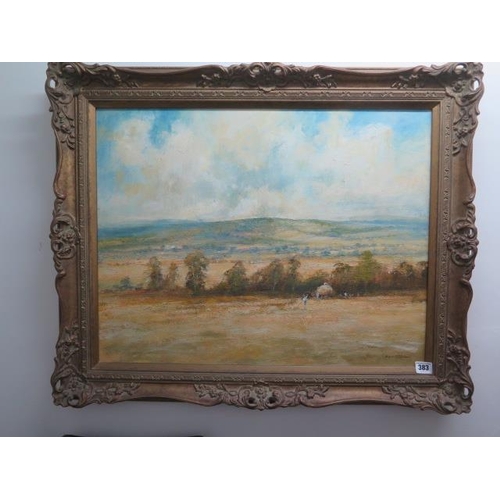 383 - An oil on canvas Harvesting near Rodmell, Sussex, by Ken Hildrew, in a gilt swept frame, frame size ... 