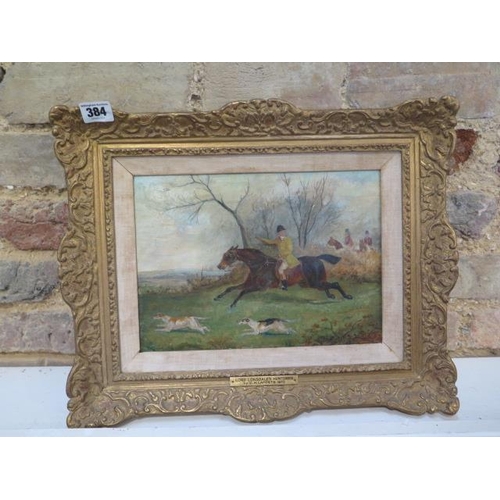 384 - An oil on canvas hunting scene entitled to plaque Lord Lonsdales Huntsmen by C H Laposte 1872 - in a... 