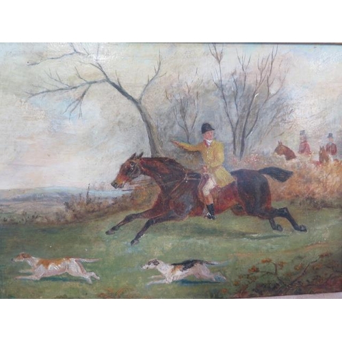 384 - An oil on canvas hunting scene entitled to plaque Lord Lonsdales Huntsmen by C H Laposte 1872 - in a... 