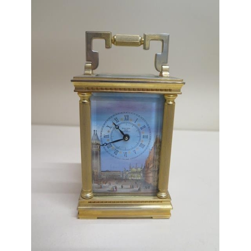 443 - A brass Halcyon Days Enamels carriage clock with saint marks Square Venice dial, 23cm tall with hand... 