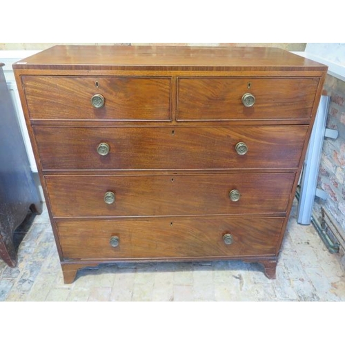 459 - A Georgian mahogany five drawer chest on bracket feet - some moulding losses, back foot has some los... 