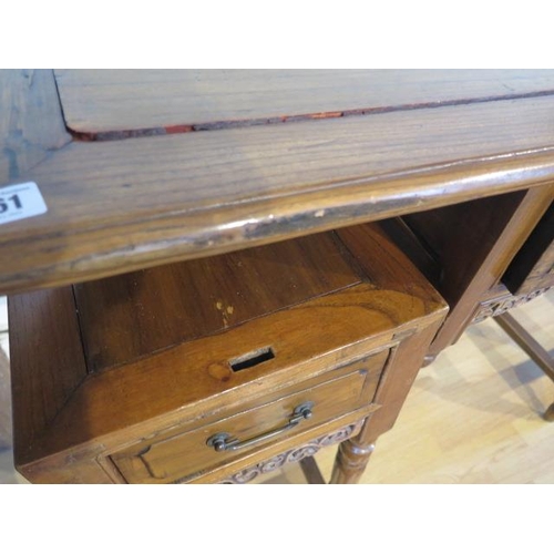 461 - An unusual Chinese hardwood freestanding three drawer side table on turned supports in three parts, ... 