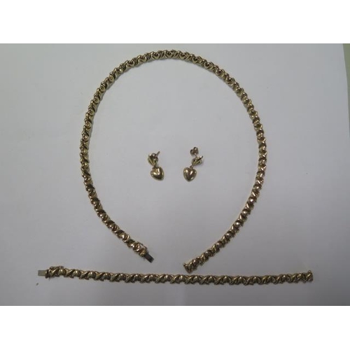 8 - A 9ct yellow gold heart necklace, bracelet and earrings set - necklace 43cm long - total approx weig... 