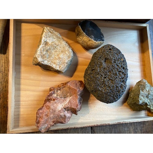 291 - Geologist interest , a leather case with contents to include a collection of rocks and fossils , bra... 