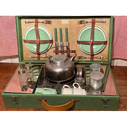 294 - A vintage Motoring Sirram travel picnic set , some replacements and losses 14 cm by 53 cm by 27 cm