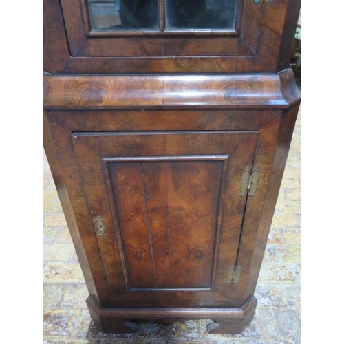 508 - A walnut one piece corner cupboard with an astragel glazed door over a cupboard door and painted int... 