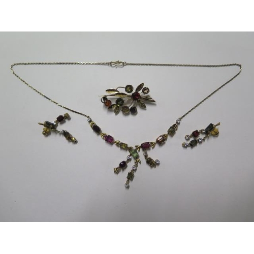 75 - A pretty yellow gold multi stone necklace, 43cm long, a pair of matching earrings and a multi stone ... 