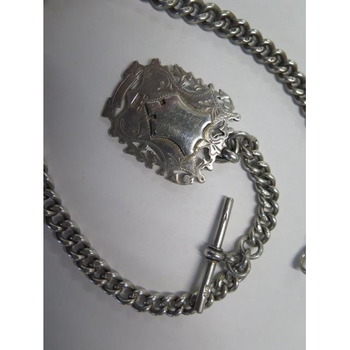 145 - A silver graduating watch chain with a shield fob - Length 37cm - approx weight 2.1 troy oz - clasp ... 