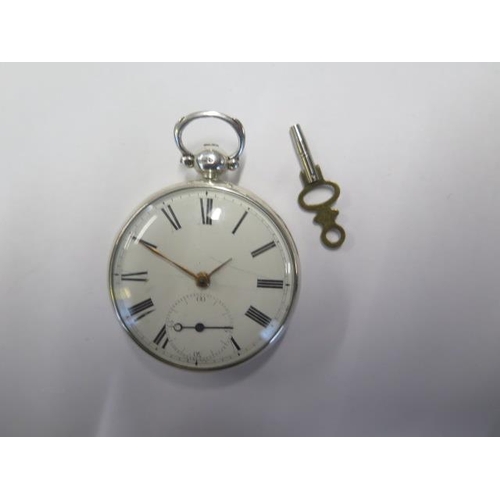 146 - A silver pocket watch, key wind fusee movement by James Peters, Cambridge - 5cm case, running, crack... 