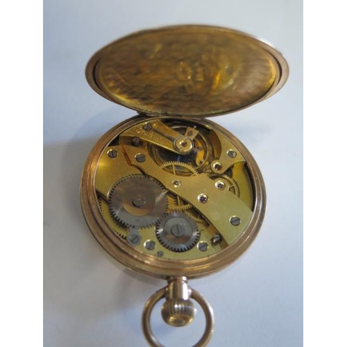 148 - A 9ct yellow gold half hunter pocket watch, top wind, 46mm case, running - approx weight 67 grams, g... 