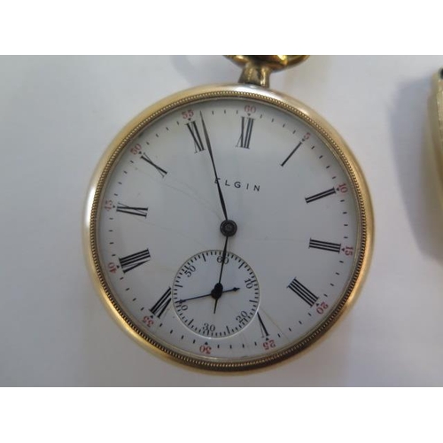 150 - An Elgin top wind pocket watch on a plated strap - 44mm case - running, some hairlines to dial and a... 