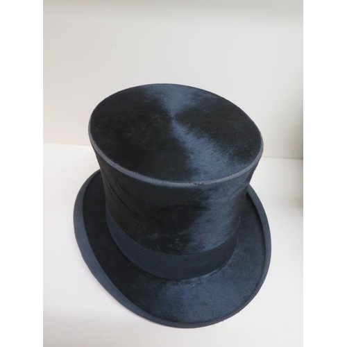 222 - A faux crocodile top hat box with a brushed silk top hat - approx size 7 and another top hat approx ... 