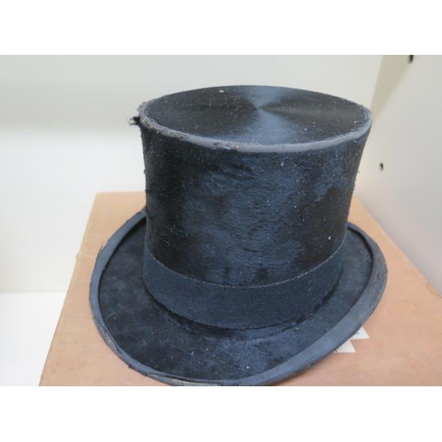 222 - A faux crocodile top hat box with a brushed silk top hat - approx size 7 and another top hat approx ... 