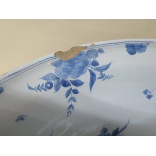 267 - A large Delft blue and white bowl decorated with ships, villas and fruit - Height 20cm x Diameter 44... 