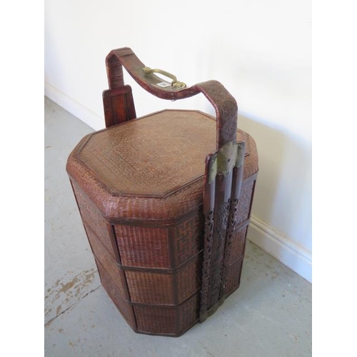 286 - A large Chinese carved bamboo and rattan three section picnic basket - Height 47cm x 48cm - generall... 