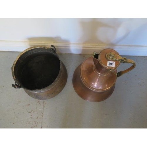 290 - An Eastern copper and brass water jug - Height 45cm and a cooking pot