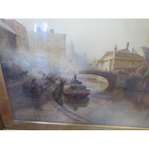 345 - Watercolour canal scene with the barge Nancy, Kings Lynn monogrammed CMG in a gilt frame, frame size... 