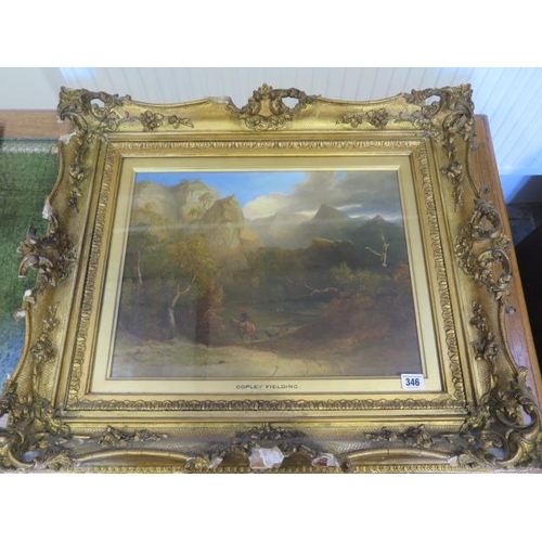 346 - An oil on canvas traveller in a mountainous landscape signed Copley Fielding lower left in a gilt sw... 