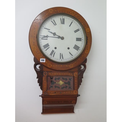 408 - An inlaid walnut drop dial wall clock with a 12 inch dial - not currently running