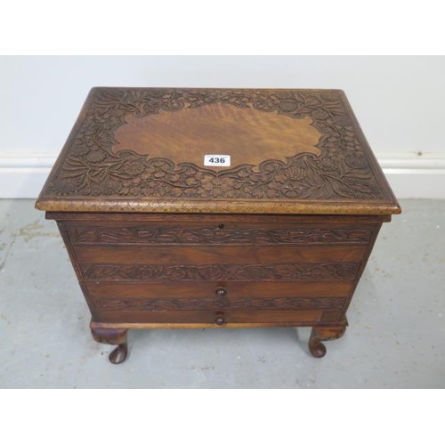 436 - A carved work box with two drawers and lift up top - Height 39cm x 40cm x 28cm