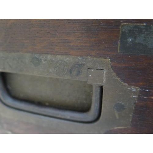 438 - A 19th century oak brass cornered campaign travel box with key - Height 38cm x 58cm x 19cm