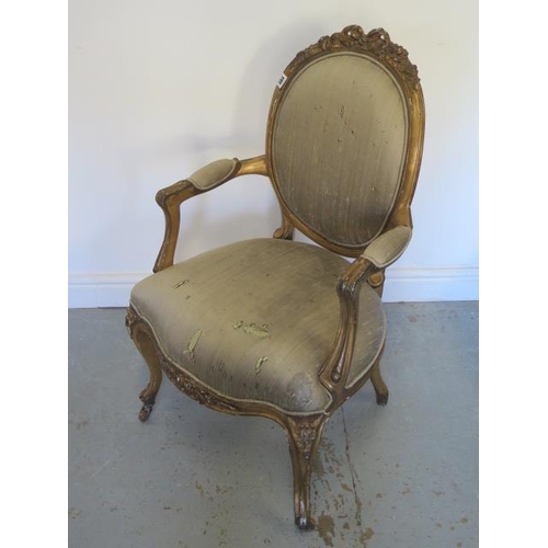 484 - A French style gilt open elbow chair with silk cover - Height 95cm x Width 56cm